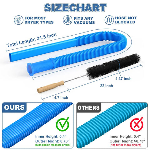 Size chart of Universal Dryer Lint Cleaning Kit With Flexible Brush And Vacuum Hose Attachment, 31.5 Inch Reach For Quick Lint Busting, No Mess Easy Lint Removal For Home Vents And Ducts, Blue showing measurements of brush and hose.