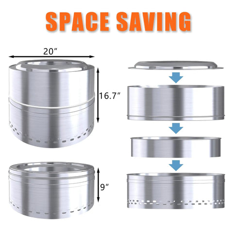 Smokeless Firepit Bonfire 20 Inch Outdoor Stainless Steel Stove Portable with dimensions and space-saving design.
