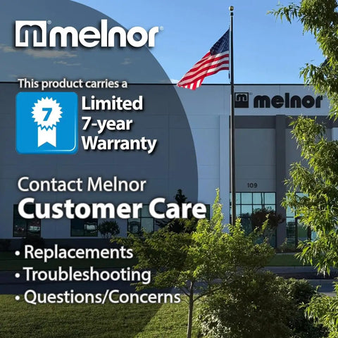 Melnor building exterior with 7-year warranty notice for Four Zone Digital Water Timer With Flexible Scheduling From Every Hour To Once A Week Manual Override No Fuss Setup For Garden Hoses Faucets And Sprinklers Auto Run From One Minute To Six Hours Perfect For Lawn Garden And Seasonal Irrigation.