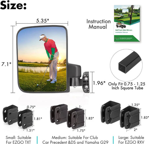 Universal Golf Cart Side Mirrors No Drilling Needed, 180 Degree Folding Rear View with size and compatibility details
