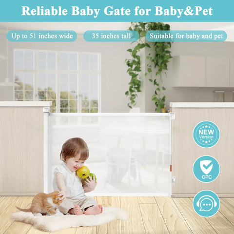 Child and pet sitting by Retractable Baby Gate For Stairs And Doorways, Extends Up To 51 Inches, Kid And Pup Safe Mesh Barrier, indoor scene