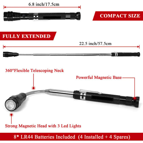Magnetic Pickup Tool With LED Light Telescoping Magnet For Mechanics Engineers And DIY Guys fully extended and compact view