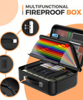 Heavy Duty Fireproof Document Safe Box With Combination Lock Water Resistant Hard Case displaying open compartments with colorful folders