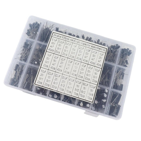 Must-Have 630Pcs Aluminum Electrolytic Capacitor Kit With 24 Values And High Precision For Repairs Hella Perfect Electrical Components Organized In Durable Box with labeled compartments.