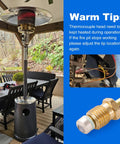 Front view of outdoor patio heater with black pedestal; inset shows brass thermocouple fitting and wires.