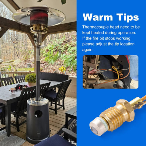 Front view of outdoor patio heater with black pedestal; inset shows brass thermocouple fitting and wires.