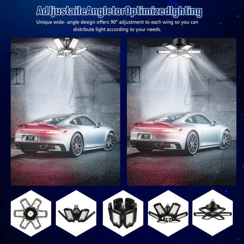 High Output 200W LED Garage Light With 6 Plus 1 Adjustable Panels illuminating car in garage, 22,000 Lumens, 6500K Daylight