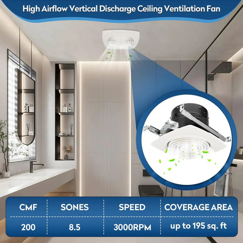 Beefy 8 Inch Bathroom Exhaust Fan With 200 CFM White Vertical Discharge Ceiling Ventilation Fan installed in bathroom ceiling