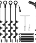 Heavy Duty 18 Inch Ground Anchors 4 Pack Fully Welded Screw In Stakes For Swing Sets High Wind Tent Hurricane Carports Sheds And Mobile Homes With Straps T Wrench Drill Adapter Kit Included, showing anchors, drill adapter, T-wrench and straps