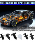 100 Piece Car Bumper Clip Kit With 6 Size Push Pin Fasteners And Remover Tool shown with car cutaway