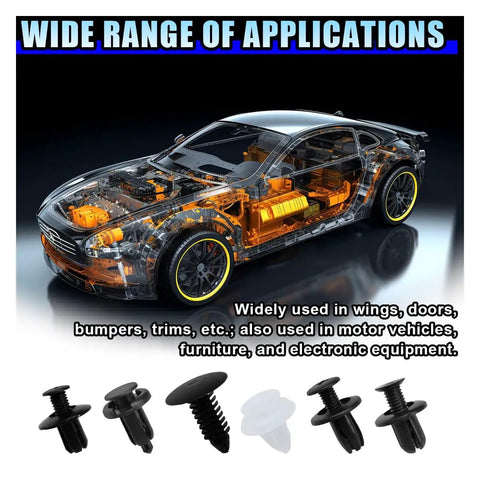 100 Piece Car Bumper Clip Kit With 6 Size Push Pin Fasteners And Remover Tool shown with car cutaway