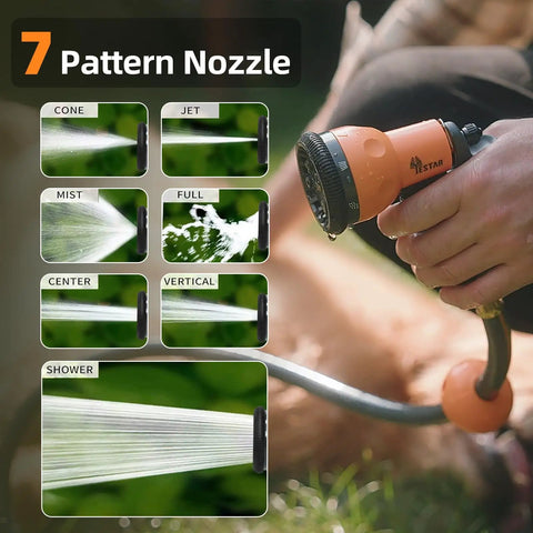 Retractable Garden Hose Reel Half-Inch By 82 Feet With 7 Function Sprayer Nozzle in use showing spray patterns