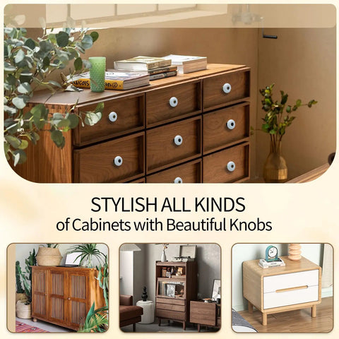 Six Pack White Ceramic Drawer Knobs With Antique Bronze Point And Base Vintage Dresser Knobs on various cabinets