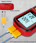 Dual Channel Digital Thermometer With Two K Type Thermocouple Probes Backlit LCD Display showing temperature readings.