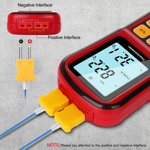 Dual Channel Digital Thermometer With Two K Type Thermocouple Probes Backlit LCD Display showing temperature readings.