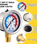 Two Pack 2 Inch Dial Pool Filter Pressure Gauge Kit With Liquid Filled Gauge, 0-60 Psi, Stainless Steel Case, labeled details