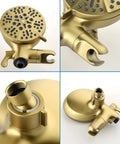 Brushed Gold All-In-One Dual Shower Faucet Set with tub spout and trim kit, close-up of detachable parts, multi-angle view.
