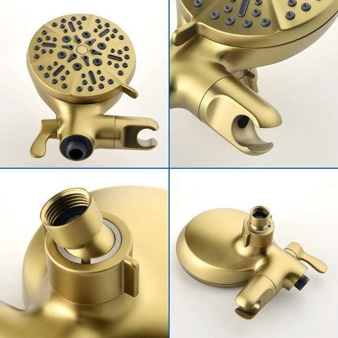 Brushed Gold All-In-One Dual Shower Faucet Set with tub spout and trim kit, close-up of detachable parts, multi-angle view.