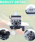 Honda 9 In 1 Carburetor Kit with gasket, fuel filter, air filter, spark plug, primer bulb; close-up view with lawn mower background