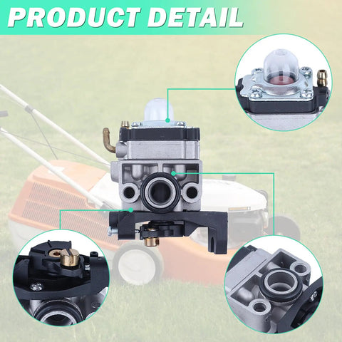 Honda 9 In 1 Carburetor Kit with gasket, fuel filter, air filter, spark plug, primer bulb; close-up view with lawn mower background