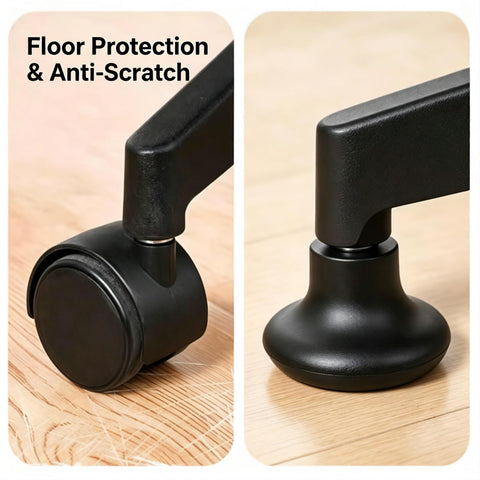 Set Of 5 Premium Bell Glides For Office Chair Caster Replacement, black glides on wood floor, stable stationary feet.