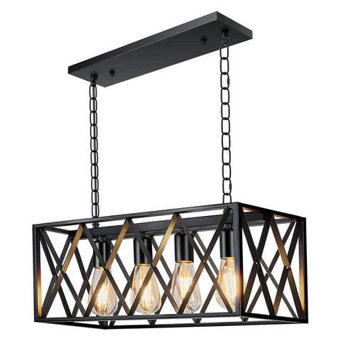 Industrial Heavy Duty Kitchen Island Pendant Light Four Light Rectangular Rustic Vintage Hanging Fixture with chain and bulbs