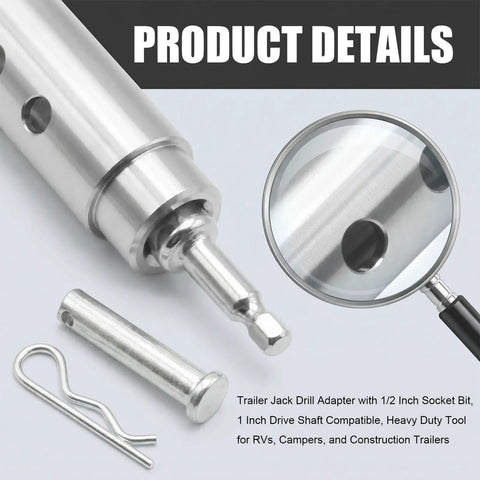 Close-up of Sweat Free Trailer Jack Drill Adapter with half inch socket bit for one inch drive shafts, stainless steel material.