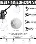 Diagram showing 25 ft cable with 25 sockets and end-to-end connectivity for 100 Ft Outdoor Globe String Lights With 110 G40 Bulbs.