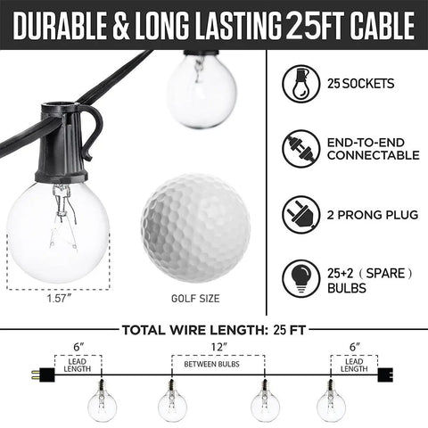 Diagram showing 25 ft cable with 25 sockets and end-to-end connectivity for 100 Ft Outdoor Globe String Lights With 110 G40 Bulbs.