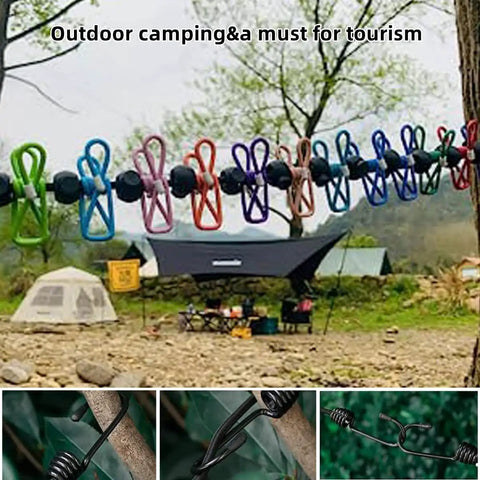Retractable Portable Clothesline For Travel And Home Indoor Outdoor Drying With 12 Clips set up at a campsite with tents.