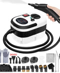 Supercharged Handheld Steam Cleaner With Beast Mode 2500 Watt Power and Snappy 15 Second Heat Up for Rapid Home and Car Detailing, featuring handle and attachments.