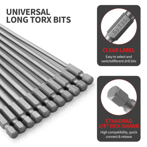 Heavy Duty Extra Long Torx Security Bit Set Built Tough To Knock Out Tight Jobs With Hella Durable S2 Steel Magnetic Quarter Inch Hex Shank 11 Piece Tamperproof Star Driver Kit For Pro Repair Work display showing long torx bits with clear labels and hex shank.