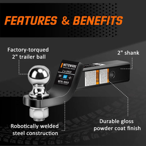 2 Inch Drop Trailer Hitch Ball Mount With 2 Inch Ball Heavy Duty Solid Steel Towing Kit shown with features and benefits
