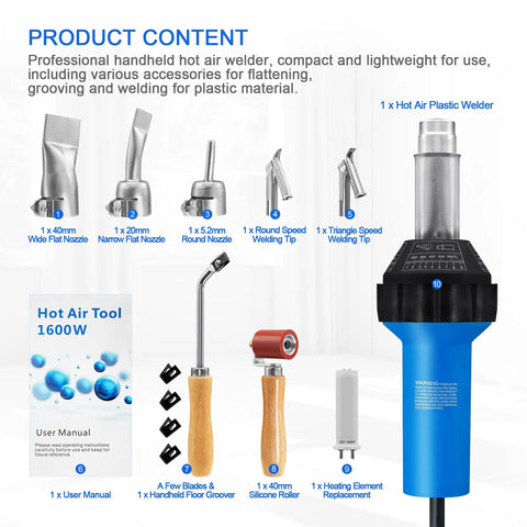1600W Hot Air Plastic Welder Kit For Roofing And Vinyl PVC TPO Repairs, Handheld Heat Gun Welding Torch With Accessories