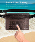 Killer Waterproof Fanny Pack Phone Pouch Dry Bag with transparent front pocket, touch screen use shown, on beach background.