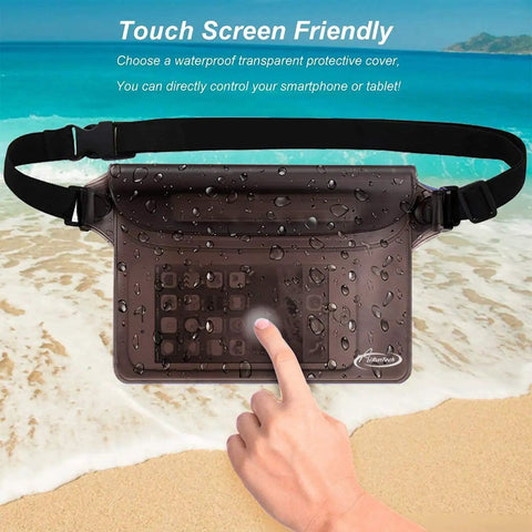 Killer Waterproof Fanny Pack Phone Pouch Dry Bag with transparent front pocket, touch screen use shown, on beach background.