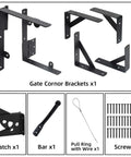 Heavy Duty Anti Sag Gate Kit With Latch For Wooden Fence Gates, showing corner brace brackets, latch, bar, pull ring wire, screws.