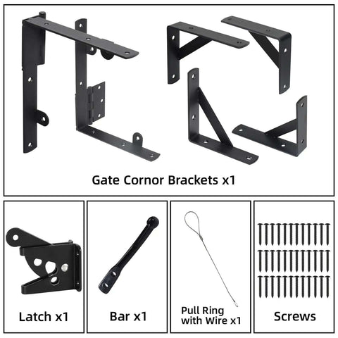 Heavy Duty Anti Sag Gate Kit With Latch For Wooden Fence Gates, showing corner brace brackets, latch, bar, pull ring wire, screws.
