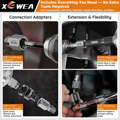 22-Piece Screw Extractor Set For Stripped Bolts And Nuts, showing adapters and extensions in use with drill and wrench.