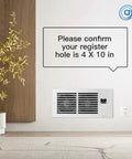 Quiet 4x10 Inch Register Booster Fan With Thermostat installed on wall, confirming 4x10 inch size needed
