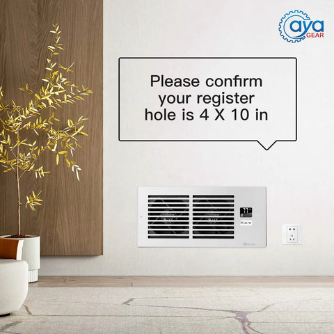 Quiet 4x10 Inch Register Booster Fan With Thermostat installed on wall, confirming 4x10 inch size needed