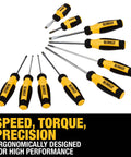 Fixed Bar Screwdriver Set 10 Piece With Magnetic Tip lay flat displaying ergonomic handles and tip ID, showing speed, torque, precision.