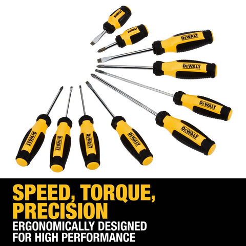 Fixed Bar Screwdriver Set 10 Piece With Magnetic Tip lay flat displaying ergonomic handles and tip ID, showing speed, torque, precision.