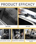 Before and after images demonstrating Heavy Duty Synthetic Grease Real Deal Formula on car door locks, rearview mirrors, and hood support rods.