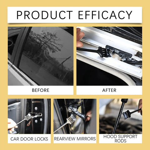 Before and after images demonstrating Heavy Duty Synthetic Grease Real Deal Formula on car door locks, rearview mirrors, and hood support rods.