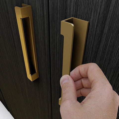 Hand pulling Self Adhesive Edge Fingerpull Door Handle Set 2 Pack No Screws Required Peel And Stick Installation on dark cabinet