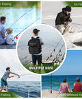 Image of various fishing activities featuring a Large Fishing Backpack With Rod Holders, Waterproof 45L Tackle Box Pack for men.