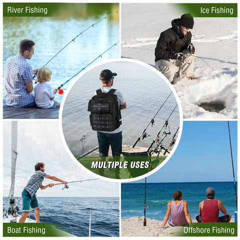 Image of various fishing activities featuring a Large Fishing Backpack With Rod Holders, Waterproof 45L Tackle Box Pack for men.
