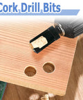 Flat Out Excellent Wood Plug Cutter Drill Bits Set With Quarter Inch Hex Shank in use on wood, showing a cork drill bit and holes.