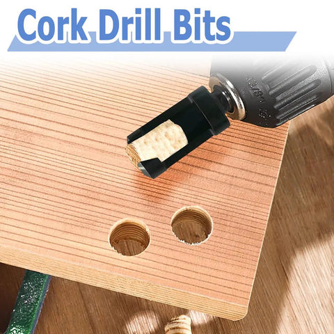 Flat Out Excellent Wood Plug Cutter Drill Bits Set With Quarter Inch Hex Shank in use on wood, showing a cork drill bit and holes.